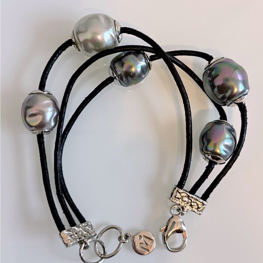 BLACK FRIDAY SALE Vintage Majorica Black Leather Cord 12mm Pearl Bracelet 925 SS